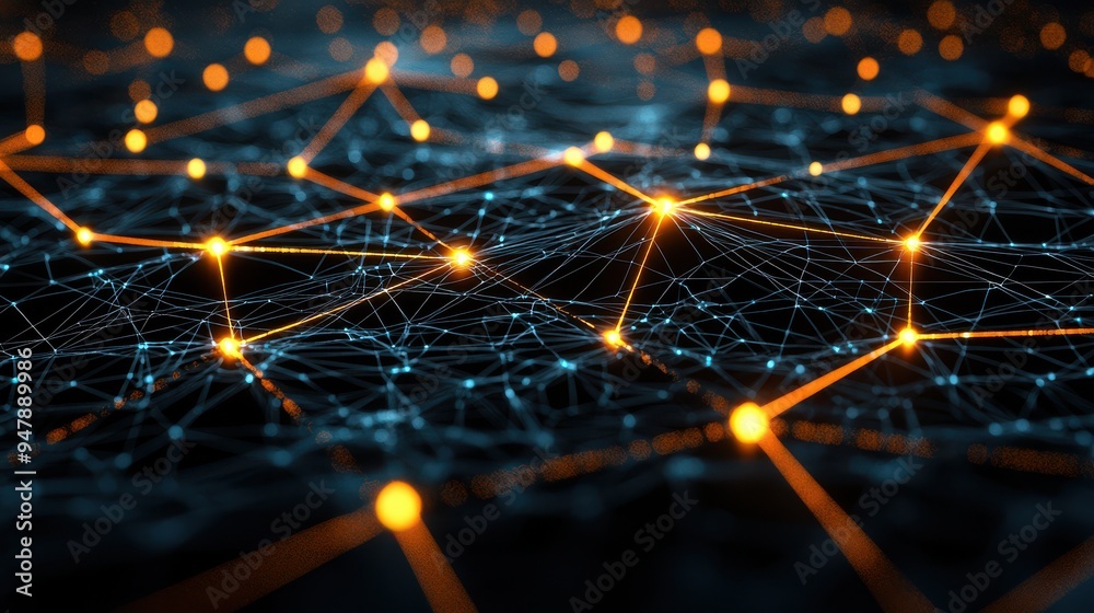 Aufkleber Abstract representation of a glowing digital network with interconnected nodes, showcasing data transmission and global connectivity in a virtual space.
