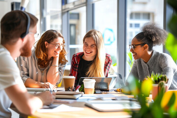 Fototapeta premium Office team staff planning in an open workspace, with collaborative expressions. Generative AI