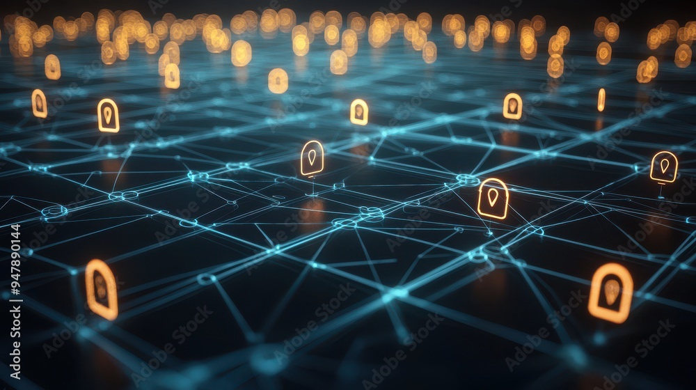 Poster Futuristic digital network representation with glowing location icons and interconnected lines, symbolizing global connectivity and data exchange.
