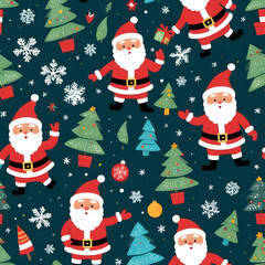 Simple vector seamless pattern for kids with Santa, Christmas tree and snowflakes. Christmas print for wrapping paper, Christmas cards, scrapbooking