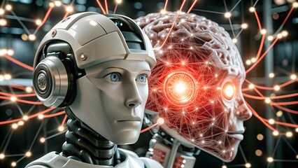 Artificial intelligence brain concept, Female robot face. Generative AI