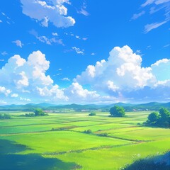Fototapeta premium Idyllic Anime Countryside Landscape: AI-Generated 4K Wallpaper with Serene Blue Sky, Lush Green Fields, and Warm Sunlight. Minimalist Vector Art for Tranquil Marketing Backgrounds, UI Design, and Eleg