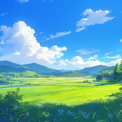 Obraz premium Idyllic Anime Countryside Landscape: AI-Generated 4K Wallpaper with Serene Blue Sky, Lush Green Fields, and Warm Sunlight. Minimalist Vector Art for Tranquil Marketing Backgrounds, UI Design, and Eleg
