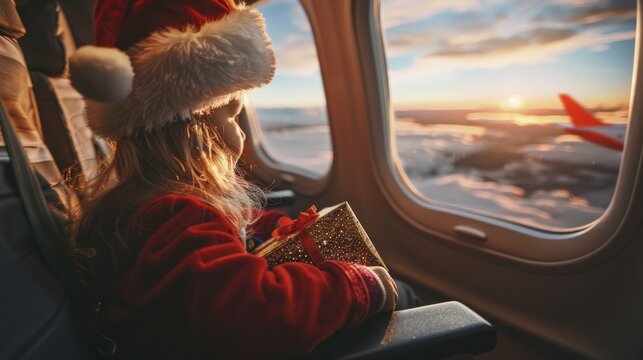 A little girl is sitting in an airplane window with a present in her lap - Powered by Adobe