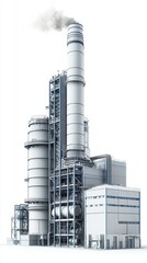 Obraz premium The biomass power plant showcases large silos and a tall smokestack emitting steam into the clear sky, indicating energy production