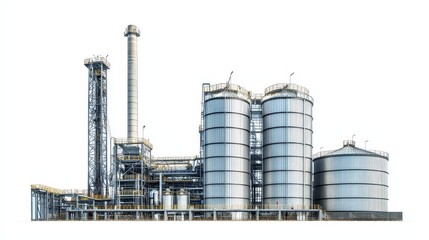 Obraz premium A biomass power plant with large silos stands prominently, contributing to renewable energy production with its smokestack visible