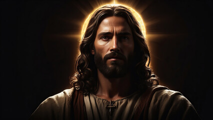 Jesus Christ Silhouette Portrait with Halo on Dark Background, Spiritual Divine Religious new beautiful stock image illustration