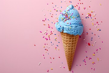 Delightful Blue Ice Cream Cone with Colorful Sprinkles on a Pink Background