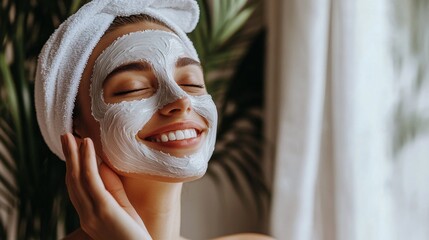 A woman smiling and looking into a mirror with a face mask on, highlighting her healthy skin and the relaxing aspect of her skincare regimen.