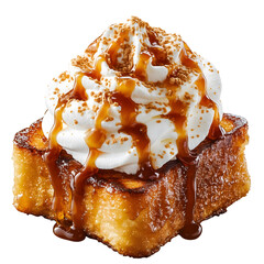 Transparent Background French Toast with Whipped Cream, Caramel Drizzle, and Crumbled Topping - Decadent Dessert Closeup
