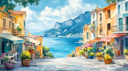 A charming coastal town in watercolor, with vibrant markets, colorful facades, and a serene ocean view that sparkles under the midday sun