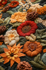 Fototapeta premium embroidered fall pattern with flowers, leaves, berries 
