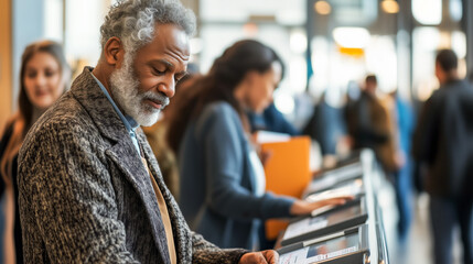 Elderly African American man at a voting booth in a busy polling station.