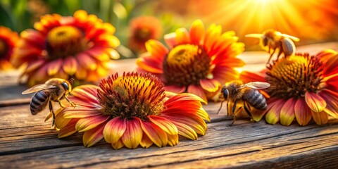 vibrant summer blooms entwined with fuzzy native bees sipping nectar in warm golden light with shallow depth of field and worn wooden textures