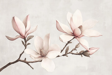 A delicate botanical illustration of a blooming magnolia branch in soft pastel colors, with intricate details and a vintage antique paper aesthetic background softness feminine nature with copy space 