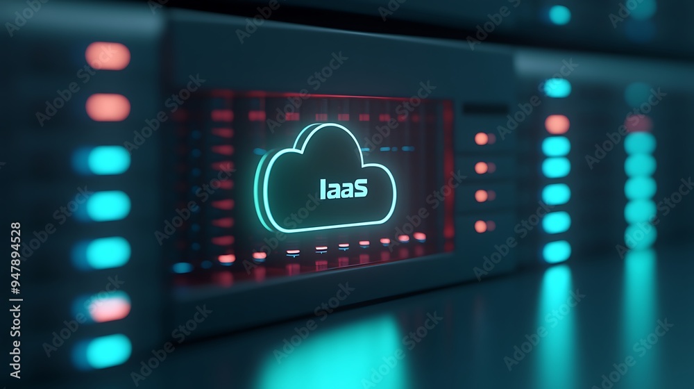 Poster close-up of a server rack with a digital display showing 'iaas' in a cloud icon, representing cloud 