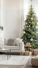 Fototapeta premium Cozy living room decorated for Christmas with a beautifully adorned tree and festive gifts nearby during the holiday season