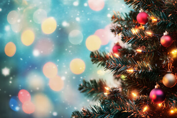 Christmas tree with many red and gold ornaments. The tree is lit up with lights and the background is blurry