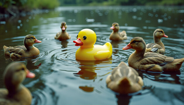 Rubber duck surrounded by real ducks swimming in a natural pond.