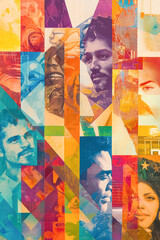 An expressive and colorful illustration showcasing a collage of male and female faces, layered with geometric shapes and textures