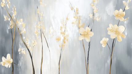 Hand Painted Oil Flower Canvas. Stylized Modern Floral Background. Psychology, Meditation, Yoga, Health Summer Pattern. Serene Female Cosmetic Illustration. Wheat, Grass, Flowers Organic Oil Painting.