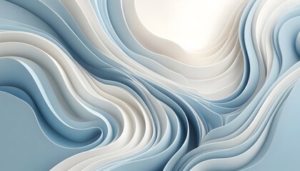 Abstract blue and white wave, curve patterns flowing through a soft landscape background with gentle light.