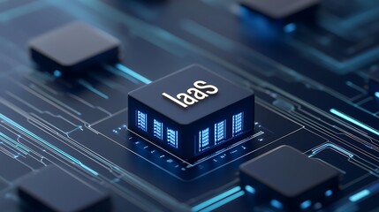 Obraz premium Close-up of IaaS infrastructure concept on microchip circuit, technology and hardware integration for cloud computing solutions.