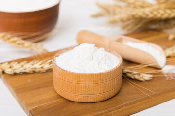 Flat lay of Wheat flour in wooden bowl with wheat spikelets on colored background. world wheat crisis