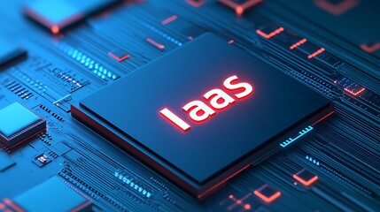 Obraz premium Close-up view of a microchip with red IaaS text symbolizing Infrastructure as a Service on a circuit board in blue lighting.