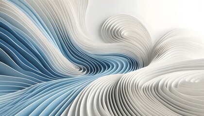 Abstract blue and white wave, curve patterns flowing through a soft landscape background with gentle light.