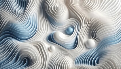 Fototapeta premium Abstract blue and white wave, curve patterns flowing through a soft landscape background with gentle light.