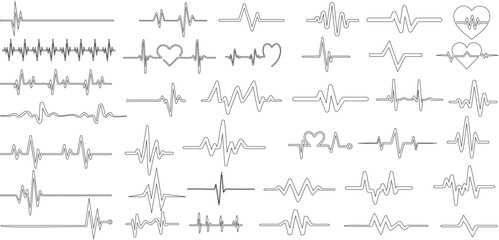 Heartbeat line vector collection, heart shaped EKG patterns, pulse rhythm symbols for health, love, and cardiology designs. Ideal for medical graphics, Valentine Day designs, and tattoo