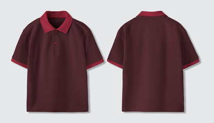 Burgundy polo shirt with red collar and cuffs, front and back view.
