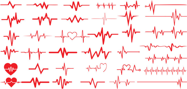 Red heartbeat line collection with heart symbol, cardiology, medical pulse, ECG, EKG design, healthcare clipart vector illustration, health monitoring, digital heartbeat graphics