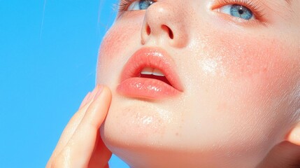 A teenage girl with visible acne on her nose and chin, gently touching her face