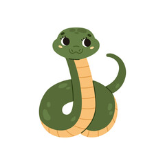 Fototapeta premium Cute funny snake with big eyes. A spotted green reptile with a yellow striped belly. The snake curled up in coils. Kawaii character. Wild animal. Cartoon style. Vector illustration.