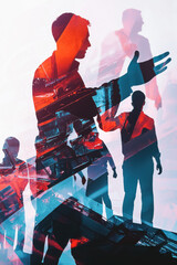 A vibrant digital art piece showing silhouettes of business professionals with dynamic red and blue overlays, symbolizing energy and interaction in the corporate world.