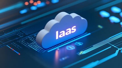 Cloud computing concept with IaaS representation. Infrastructure as a Service technology. Futuristic digital theme in blue tones.