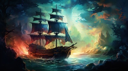 Obraz premium A captivating scene of a majestic ship navigating through vibrant waters under a mystical sky, evoking adventure and exploration.