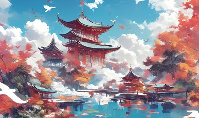 Fototapeta premium Enchanting Japanese Fantasy: AI-Generated Illustration for Elegant Marketing Designs. Abstract Anime-Style Artwork Blending Cultural Motifs with Luminous Elements, Perfect for Minimalist Graphic Templ
