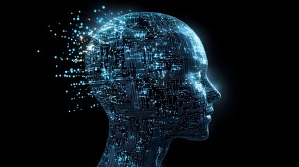 Obraz premium Exploring the Intricate Fusion of Human Silhouette and Complex Circuitry in a Digital Representation of Artificial Intelligence and Technology