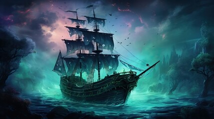 A majestic pirate ship sails through mysterious waters under a dramatic sky, evoking adventure and intrigue in a fantasy setting.