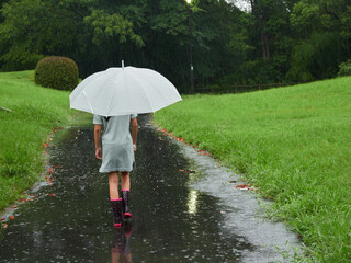 夏の雨の日の公園で散歩する子供の姿