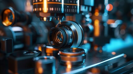 Fototapeta premium Precision in Motion Closeup of Lens Calibration Machine at Optical Equipment Factory