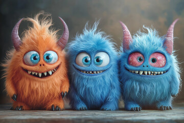 Fototapeta premium Cute Furry Monsters Smiling Together - Digital Art