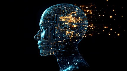 Obraz premium Exploring the Intricate Fusion of Human Silhouette and Complex Circuitry in a Digital Representation of Artificial Intelligence and Technology