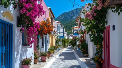 A picturesque coastal town, its narrow streets overflowing with vibrant flowers, pastel houses basking under a clear azure sky