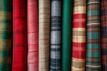 row of plaid fabric with a red and green one in the middle