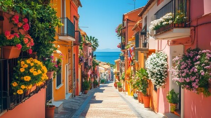 A charming coastal town, narrow streets lined with flower-filled balconies, vibrant colors everywhere, and a clear, bright blue sky