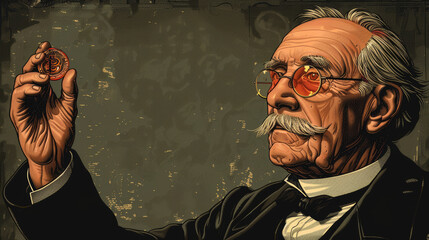 Elderly man holding a Bitcoin with reflective contemplation